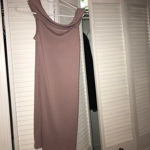 Pinkish, off the shoulder, above the knee dress